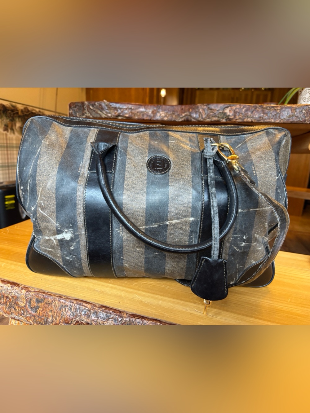 Fendi Black/Brown Striped Canvas Weekender Bag